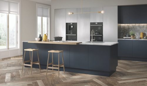 Fitted dining room with light grey, dark charcoal, and dark olive green accents.